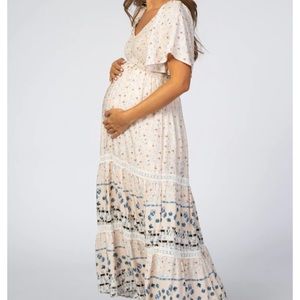 Light Pink Printed Smocked Maternity Midi Dress